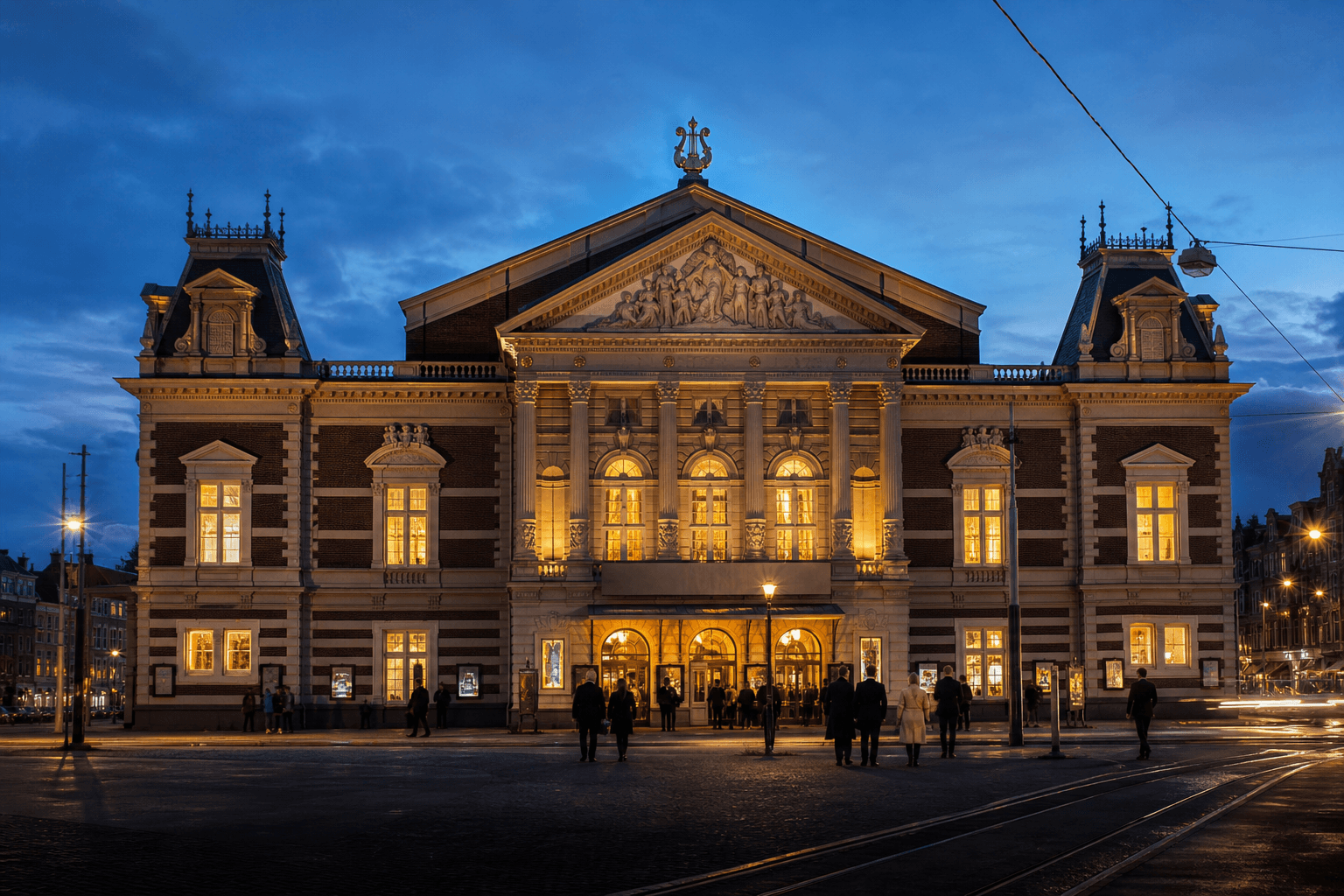 Illuminated concert hall at blue hour