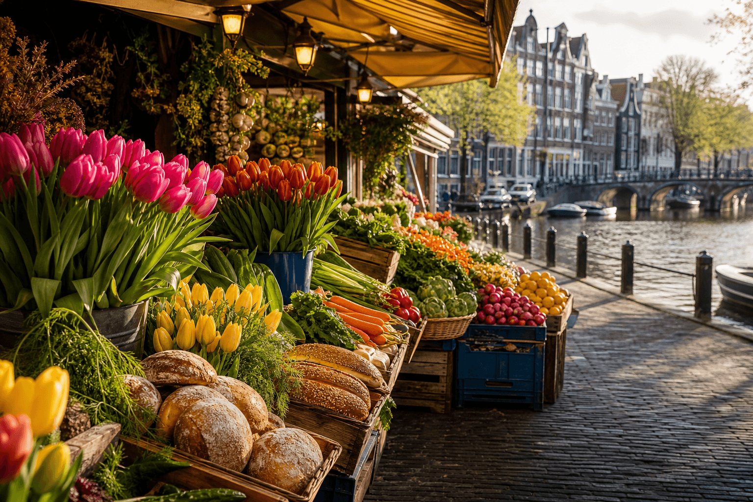 Amsterdam market stall with flowers and fresh food