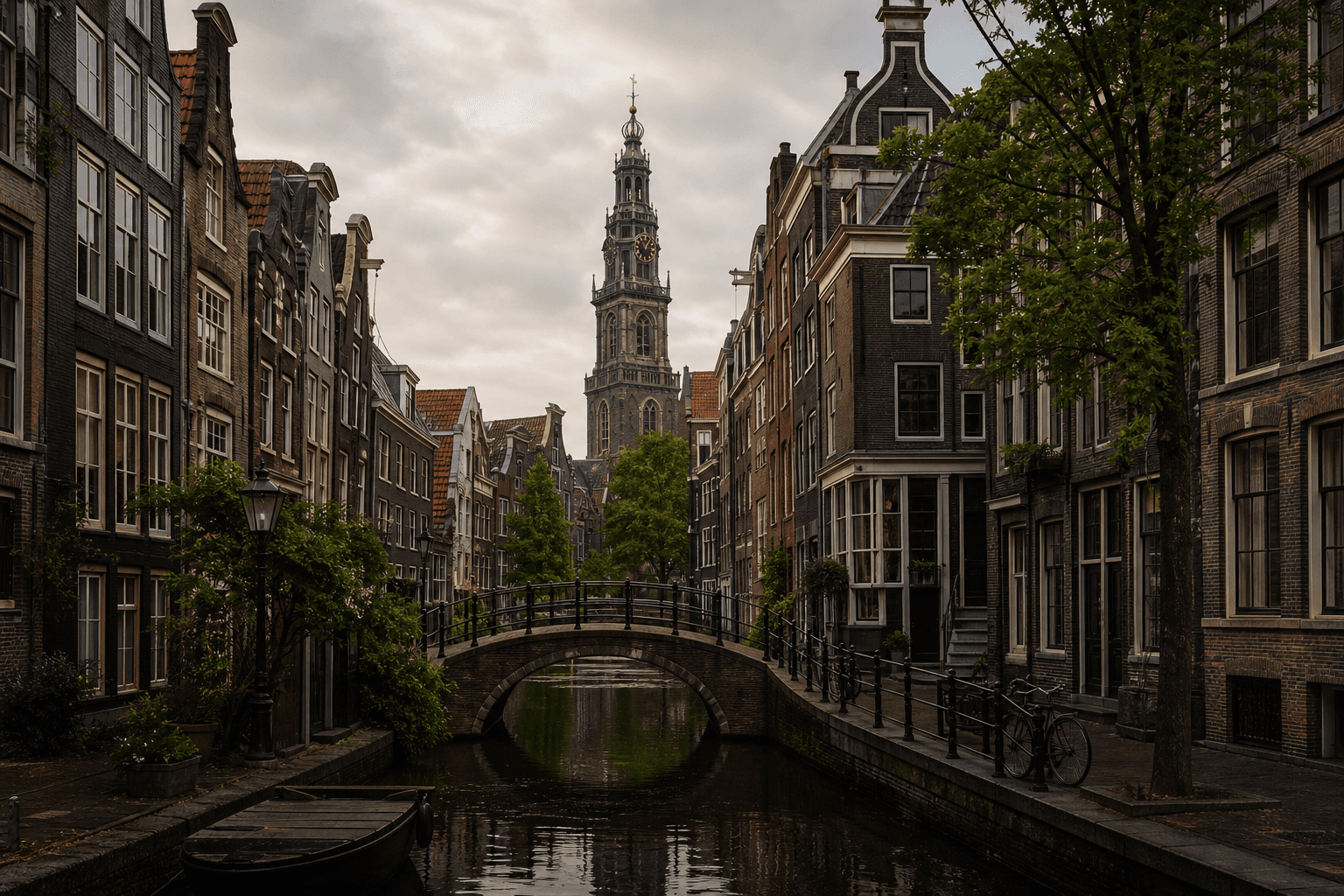 Historic Amsterdam canal houses and church tower