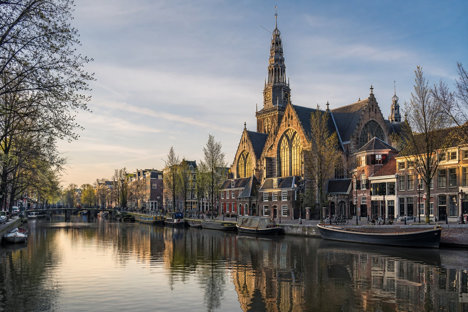 AI-generated editorial illustration inspired by Oude Kerk in Amsterdam