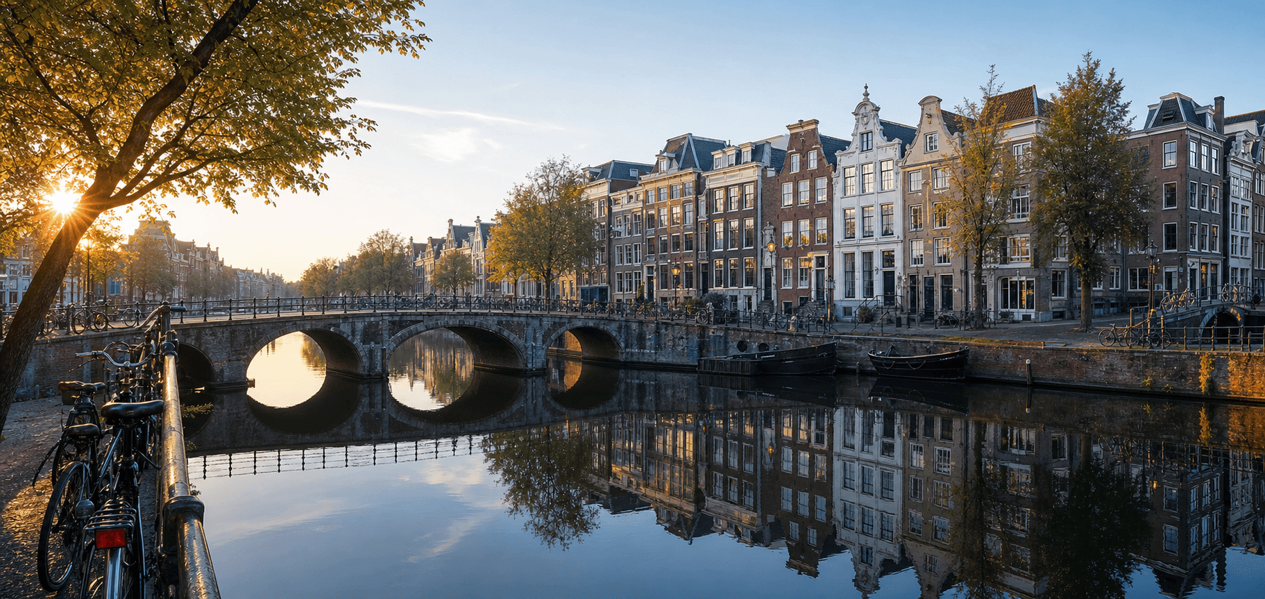 Amsterdam canal, bridge and houses in early morning light