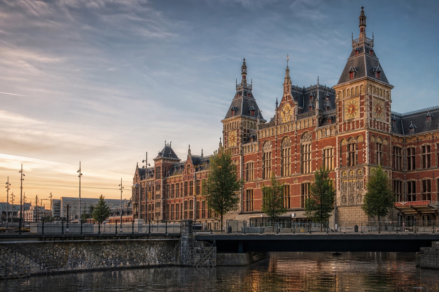 AI-generated editorial illustration inspired by Amsterdam Centraal Station in Amsterdam