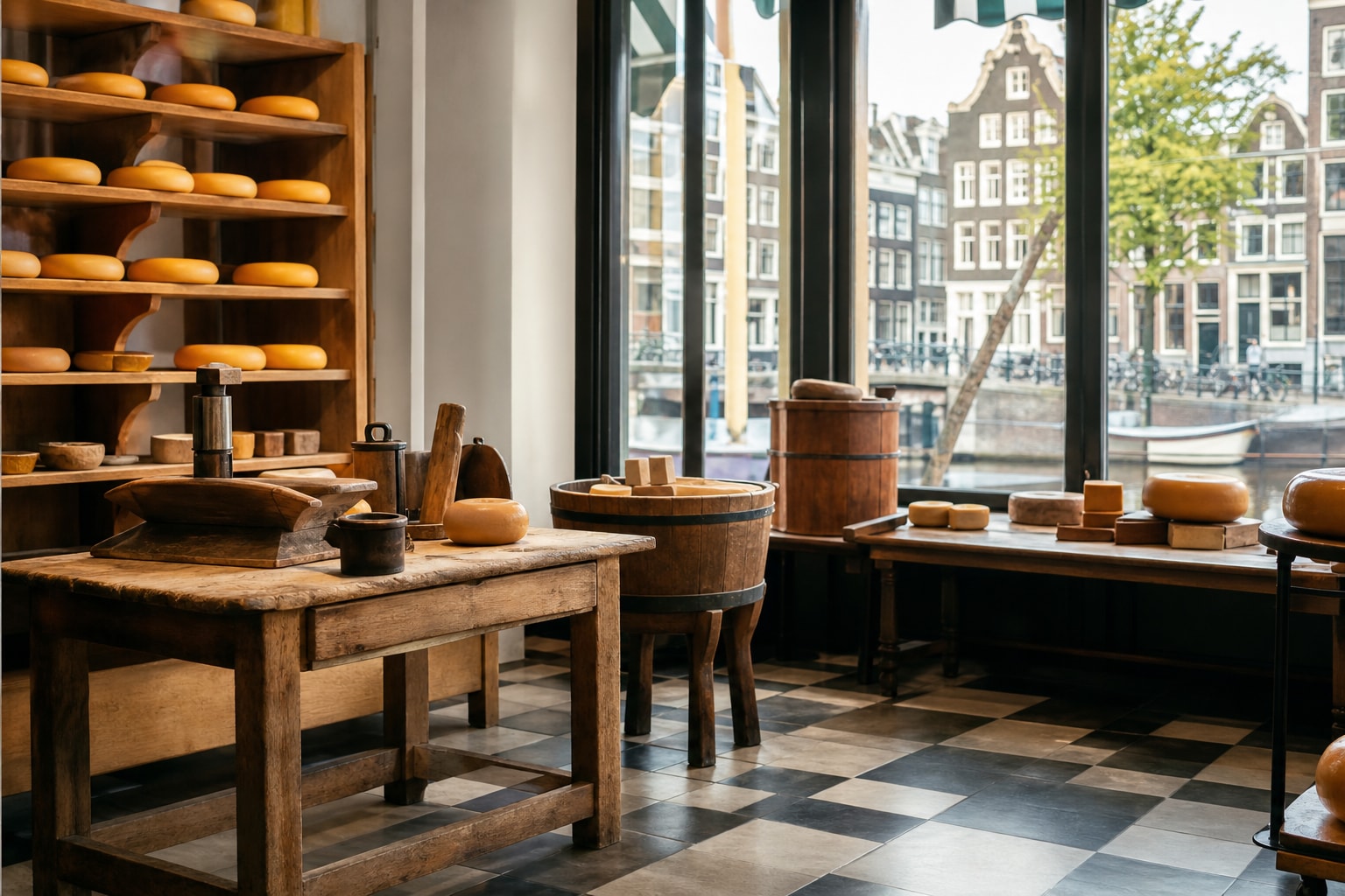 AI-generated editorial illustration inspired by Amsterdam Cheese Museum in Amsterdam