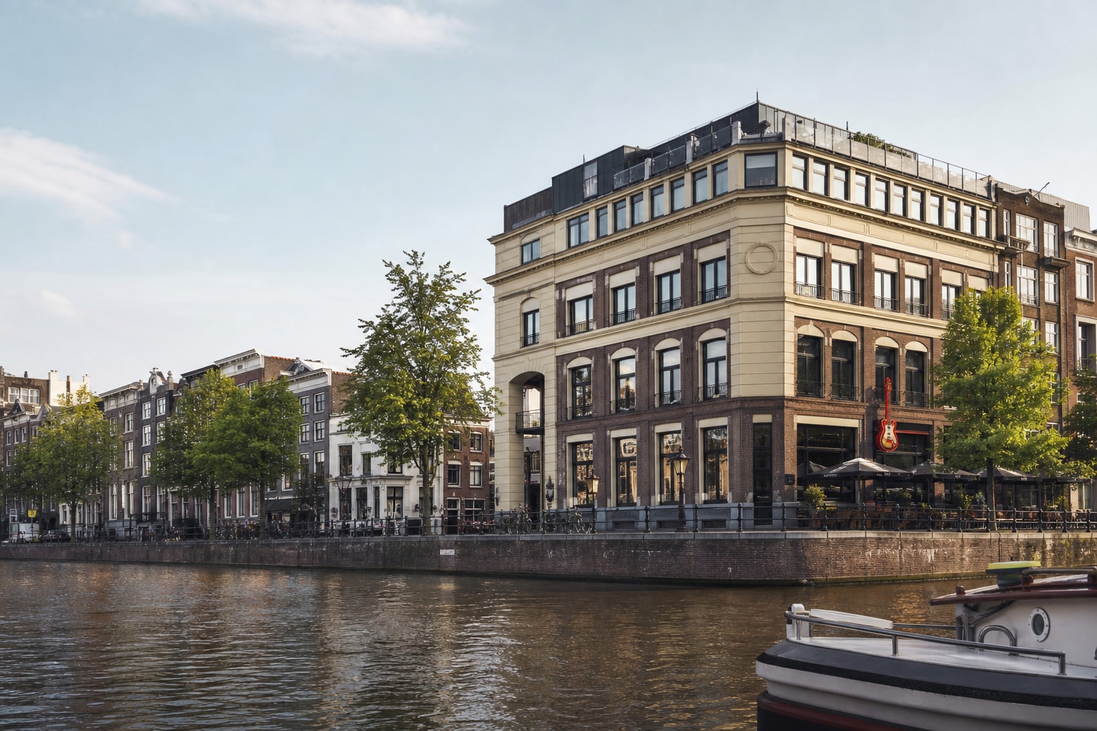 AI-generated editorial illustration inspired by Hard Rock Cafe, Amsterdam in Amsterdam