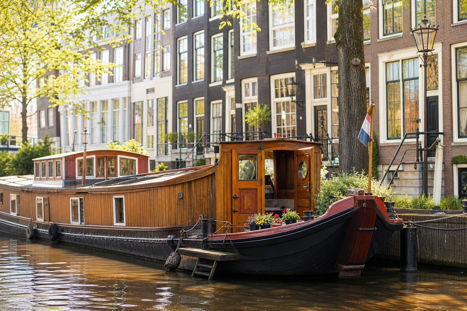 AI-generated editorial illustration inspired by Houseboat Museum, Amsterdam in Amsterdam