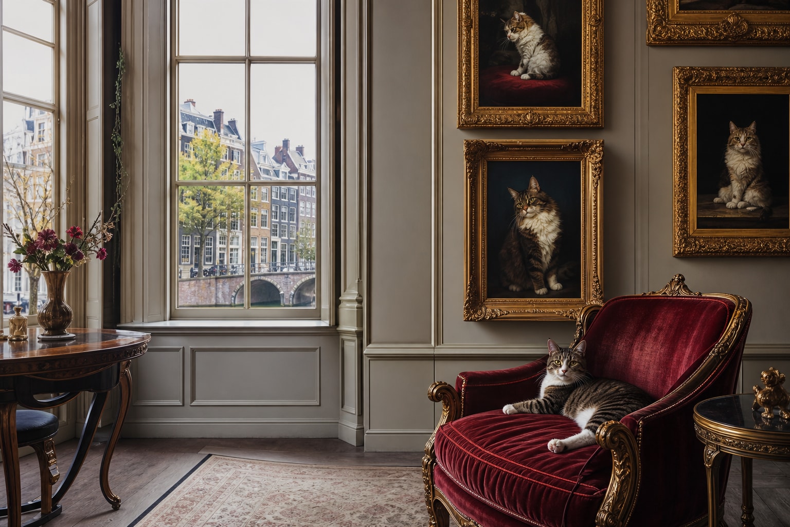 AI-generated editorial illustration inspired by KattenKabinet (Cat Cabinet) in Amsterdam