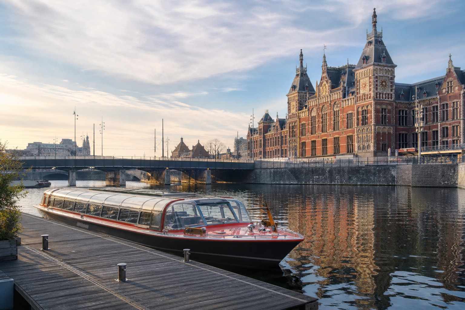 AI-generated editorial illustration inspired by Stromma - Central Station Bridge in Amsterdam