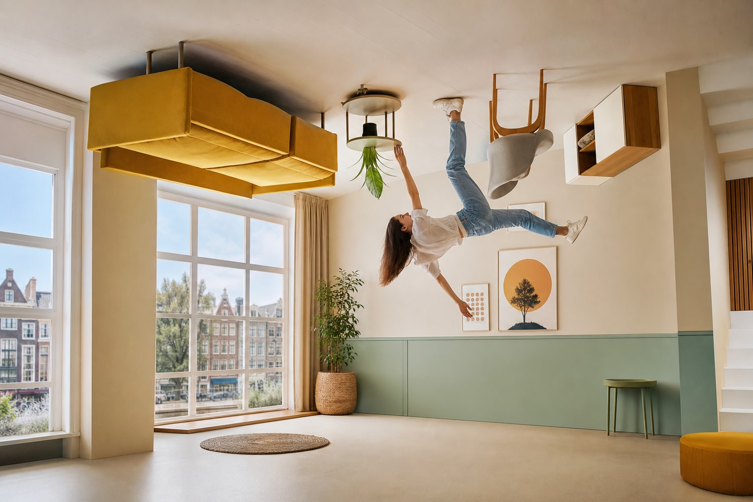 AI-generated editorial illustration inspired by The Upside Down Amsterdam in Amsterdam
