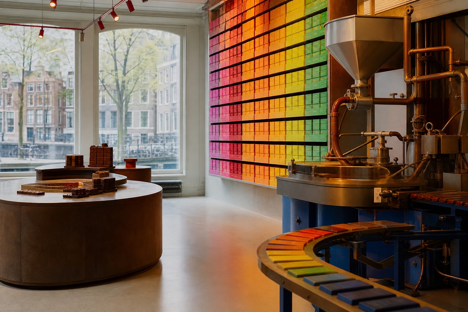 AI-generated editorial illustration inspired by Tony's Chocolonely Superstore in Amsterdam
