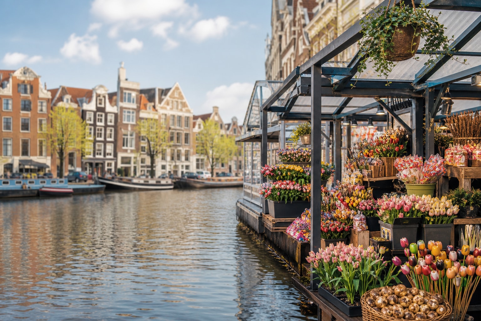 AI-generated editorial illustration inspired by Amsterdam Flower Market in Amsterdam