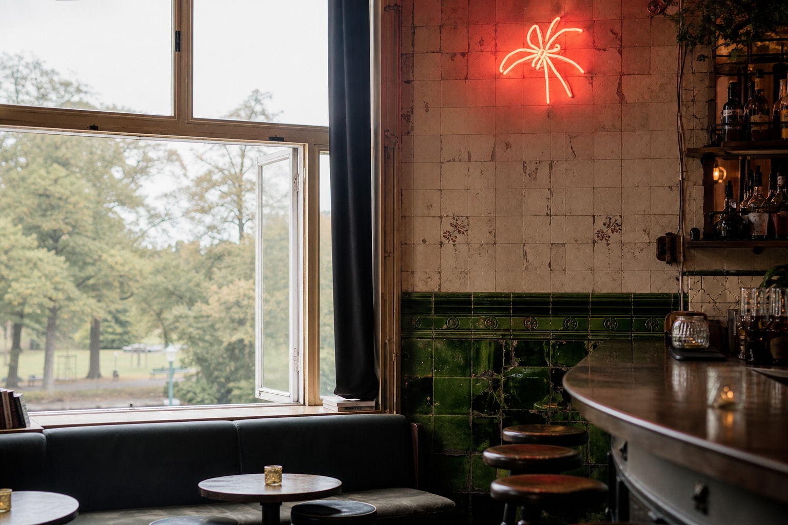 AI-generated editorial illustration inspired by bar Bukowski, Amsterdam in Amsterdam