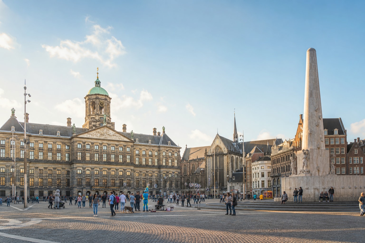 AI-generated editorial illustration inspired by Dam Square in Amsterdam