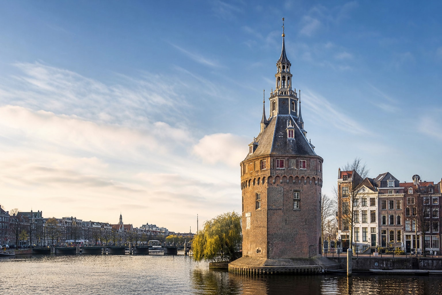 AI-generated editorial illustration inspired by Weeping Tower in Amsterdam